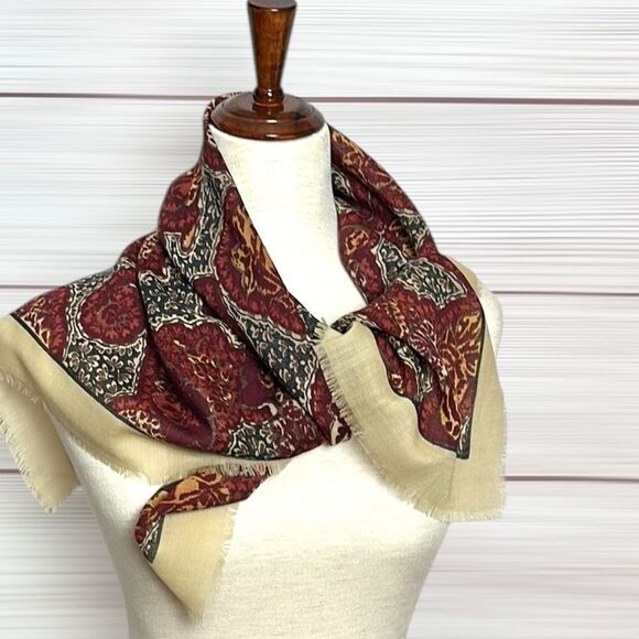 Wool Square Scarf Lightweight Tan Brown Plum Paisley Print Made in Italy 33x33” - Picture 5 of 8